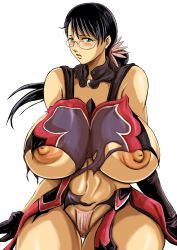 Rule 34 | 1girl, black hair, blue eyes, blush, breasts, cattleya (queen&#039;s blade), curvy, glasses, green eyes, highres, hip focus, huge breasts, huge nipples, large areolae, looking at viewer, mature female, navel, nipples, nonki, panties, ponytail, puffy nipples, queen&#039;s blade, simple background, solo, thick thighs, thighs, thong, torn clothes, underwear, white background