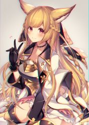 Rule 34 | 1girl, animal ears, armor, armored boots, black gloves, blonde hair, boots, braid, breastplate, breasts, choker, chromatic aberration, coat, erune, gloves, granblue fantasy, hand up, highres, homaderi, long hair, long sleeves, looking at viewer, medium breasts, notice lines, red eyes, smile, solo, thighhighs, v, very long hair, white coat, yuisis (granblue fantasy), zettai ryouiki