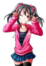 Rule 34 | 10s, 1girl, black hair, black thighhighs, bow, double m/, grin, hair bow, highres, hood, hood down, hoodie, jewelry, kaikai, long sleeves, love live!, love live! school idol festival, love live! school idol project, m/, nico nico nii, one eye closed, pendant, plaid, plaid skirt, pleated skirt, red eyes, simple background, skirt, smile, solo, star (symbol), striped, thighhighs, twintails, white background, yazawa nico, zettai ryouiki, zipper