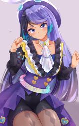 Rule 34 | 1girl, absurdres, black hair, blue eyes, blush, carron (pretty series), closed mouth, commentary request, detached collar, dress, frills, gothic lolita, gradient eyes, hair between eyes, hat, heart, highres, jewelry, lolita fashion, long hair, long sleeves, looking at viewer, multicolored eyes, multicolored hair, pantyhose, personification, pleated skirt, pretty series, purple eyes, purple hair, ribbon, shirt, sidelocks, simple background, skirt, solo, sugimura mickey, waccha primagi!