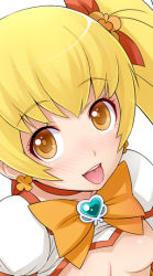 Rule 34 | 10s, 1girl, blonde hair, bow, bowtie, breasts, brooch, choker, cleavage, clover, cure sunshine, face, flower, ha-ru, hair ribbon, heart, heart brooch, heartcatch precure!, jewelry, magical girl, myoudouin itsuki, orange bow, orange bowtie, orange eyes, out-of-frame censoring, precure, ribbon, small breasts, solo, tongue, yellow eyes