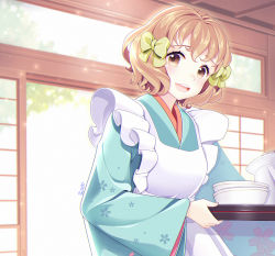 Rule 34 | 1girl, :d, apron, blue kimono, bow, brown eyes, brown hair, commentary, floral print, hair bow, hair ornament, hanasaku iroha, highres, holding, holding tray, indoors, japanese clothes, kimono, loggi, looking at viewer, maid, matsumae ohana, open mouth, plate, short hair, smile, standing, tray, wa maid, wide sleeves, yellow bow