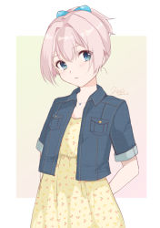 Rule 34 | 1girl, arms behind back, blue eyes, blush, border, breast pocket, casual, dated, denim, denim jacket, dress, eyes visible through hair, gradient background, hair intakes, hair ornament, head tilt, hiroe (cosmos blue-02 421), jacket, jewelry, kantai collection, looking at viewer, necklace, outside border, parted lips, pink hair, pocket, ponytail, print dress, shiranui (kancolle), short ponytail, signature, solo, white border, wing collar, yellow dress