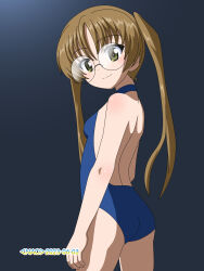 Rule 34 | 1girl, ass, blonde hair, blue one-piece swimsuit, blush, breasts, closed mouth, girls und panzer, glasses, green eyes, highres, long hair, looking at viewer, naotosi, one-piece swimsuit, oono aya, small breasts, smile, solo, swimsuit, twintails
