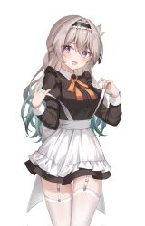 Rule 34 | 1girl, alternate costume, apron, aqua hair, back bow, black dress, black hairband, bow, dress, enmaided, firefly (honkai: star rail), garter straps, grey hair, hair between eyes, hair ornament, hairband, highres, honkai: star rail, honkai (series), long hair, long sleeves, looking at viewer, maid, maid apron, momyong, multicolored eyes, neck ribbon, open mouth, orange ribbon, ribbon, simple background, smile, solo, standing, sweat, thighhighs, white apron, white background, white thighhighs, zettai ryouiki