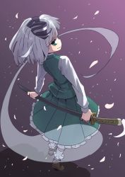 Rule 34 | 1girl, bow, brown footwear, cherry blossoms, closed mouth, from behind, full body, gradient background, green eyes, green skirt, hair bow, highres, holding, holding sword, holding weapon, konpaku youmu, konpaku youmu (ghost), pleated skirt, profile, scabbard, sheath, sheathed, shoes, short hair, silver hair, skirt, skirt set, socks, solo, standing, sword, tanaka nunu, touhou, weapon, white socks