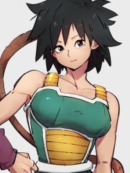 Rule 34 | 1girl, black hair, brown eyes, closed mouth, collarbone, dragon ball, dragon ball super, dragon ball super broly, gine, grey background, hand on own hip, kemachiku, looking at viewer, monkey tail, short hair, simple background, smile, solo, tail