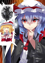 Rule 34 | &gt; &lt;, 2girls, blonde hair, closed mouth, drill hair, e.o., elly (touhou), closed eyes, facing viewer, hat, highres, light purple hair, long sleeves, mob cap, multiple girls, red eyes, remilia scarlet, short hair, speech bubble, sweatdrop, touhou, touhou (pc-98)