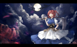 Rule 34 | 1girl, bad id, bad pixiv id, blurry, breasts, cloud, depth of field, dress, female focus, flower, full moon, hand on own hip, large breasts, letterboxed, moon, night, onozuka komachi, red eyes, red hair, red medicine, scythe, solo, spider lily, touhou