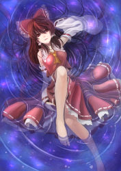 Rule 34 | 1girl, bad anatomy, bad id, bad pixiv id, barefoot, brown hair, catsmoon, detached sleeves, from above, from behind, hair ornament, hakurei reimu, highres, japanese clothes, miko, red eyes, red skirt, skirt, solo, touhou, water
