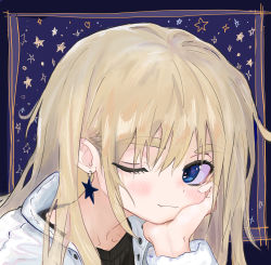 Rule 34 | 1girl, black sweater, blonde hair, blue eyes, blush, bpqd, close-up, earrings, fang, head rest, highres, jacket, jewelry, long hair, looking at viewer, one eye closed, original, smile, solo, star (symbol), star earrings, starry background, sweater, thick eyebrows, white jacket