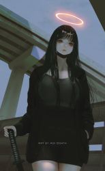 Rule 34 | 1girl, aoi ogata, black hair, black jacket, black shirt, black skirt, blouse, breasts, bridge, brown eyes, clip studio paint (medium), closed mouth, cloud, cloudy sky, collarbone, commentary, day, english commentary, halo, hand in pocket, hand on hilt, highres, jacket, katana, long hair, long sleeves, looking at viewer, mask, mask pull, medium breasts, mouth mask, open clothes, open jacket, original, outdoors, red lips, shirt, skirt, sky, sleeves past wrists, solo, sword, very long hair, weapon