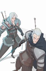 1boy 1girl absurdres armor artist_name braid braided_ponytail ciri geralt_of_rivia highres holding holding_sword holding_weapon long_hair savos99 simple_background sword the_witcher_(series) the_witcher_3 the_witcher_4 weapon weapon_on_back white_background white_hair yellow_eyes