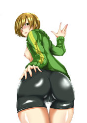 Rule 34 | 1girl, absurdres, ass, ass grab, atlus, bike shorts, blush, breasts, brown eyes, brown hair, cameltoe, deep skin, from behind, gggg, grabbing own ass, hand on own ass, highres, jacket, looking back, looking down, megami tensei, nipples, open mouth, persona, persona 4, satonaka chie, sh (shogone), shin megami tensei, short hair, small breasts, solo, topless, track jacket