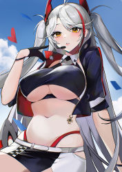 Rule 34 | 1girl, absurdres, ahoge, azur lane, belt, black gloves, blue sky, blush, breasts, checkered clothes, clothing cutout, cloud, collared shirt, covered erect nipples, cropped jacket, cropped shirt, cross, day, earpiece, gloves, grey hair, half gloves, hand up, headgear, heart, highleg, highleg panties, highres, iron cross, jacket, jintianhuahualema, large breasts, long hair, looking at viewer, miniskirt, multicolored clothes, multicolored hair, multicolored jacket, navel, official alternate costume, open clothes, open jacket, outdoors, panties, panty straps, parted bangs, parted lips, pointing, pointing at self, prinz eugen (azur lane), prinz eugen (final lap) (azur lane), purple jacket, race queen, red hair, red panties, shirt, short sleeves, sidelocks, sitting, skindentation, skirt, sky, solo, stomach, streaked hair, two-tone hair, two-tone jacket, two-tone skirt, two side up, underboob, underboob cutout, underwear, very long hair, white belt, white skirt, yellow eyes
