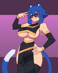 Rule 34 | 1girl, animal ear fluff, animal ears, bare shoulders, black dress, black thighhighs, blue hair, breasts, cat ears, cat girl, cat tail, chinese clothes, cowboy shot, detached sleeves, doce, dragon print, dress, fang, female focus, freckles, grin, hair between eyes, hand on own hip, highres, large breasts, looking at viewer, one eye closed, original, pink eyes, purple background, short hair, smile, solo, tail, thighhighs, two-tone background, underboob, v, wink, xiao (docecaedrus)