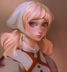 Rule 34 | 1girl, artist name, blonde hair, blue eyes, blunt bangs, blush, brown background, cinderella, cinderella (disney), closed mouth, expressionless, female focus, freckles, gradient background, grey eyes, head scarf, long hair, looking at viewer, maid, numyumy, portrait, red lips, revision, signature, simple background, solo, uniform, upper body, watermark, web address