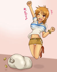 Rule 34 | 1girl, ;d, bag, bracelet, breasts, brown eyes, chibi, female focus, gold, happy, jewelry, jumping, large breasts, momo 765, nami (one piece), one eye closed, one piece, open mouth, orange hair, panties, smile, underwear, wink