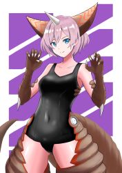 Rule 34 | 1girl, black one-piece swimsuit, breasts, brown gloves, claw pose, claws, collarbone, company connection, cosplay, covered navel, elbow gloves, gloves, gluteal fold, gomora, gomora (cosplay), gridman universe, highres, horns, medium breasts, mujina, one-piece swimsuit, purple hair, school swimsuit, short hair, single horn, smile, ssss.dynazenon, suwa ayaka, swimsuit, tail, taiyoshi, tsuburaya productions, ultra kaijuu gijinka keikaku, ultra series, voice actor connection