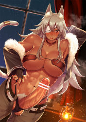 Rule 34 | 1girl, abs, animal ears, arm behind head, arm up, armpits, bandeau, bare shoulders, belt, black jacket, black panties, blush, breasts, bridal gauntlets, cat ears, cat tail, censored, choker, cleavage, closed mouth, collarbone, commentary request, cowboy shot, dark-skinned female, dark skin, dutch angle, eyepatch, facial scar, female pubic hair, fur-trimmed jacket, fur trim, futanari, ghislaine dedoldia, hair between eyes, hand on own hip, highleg, highleg panties, highres, indoors, jacket, large breasts, long hair, long sleeves, looking at viewer, midriff, muscular, muscular female, mushoku tensei, nanakichi, navel, off shoulder, open belt, open clothes, open jacket, open mouth, open pants, panties, pants, penis, precum, pubic hair, red eyes, scar, scar on cheek, scar on face, scar on stomach, sidelocks, signature, solo, standing, steam, sweat, tail, teeth, testicles, tongue, underboob, underwear, white belt, white hair, window