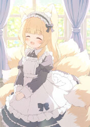 Rule 34 | 1girl, animal ears, apron, black dress, blonde hair, closed eyes, commission, dress, fang, fox ears, fox girl, fox tail, highres, indoors, maid, maid apron, maid headdress, multiple tails, open mouth, original, skeb commission, skin fang, smile, tail, tyakomes, variant set, window