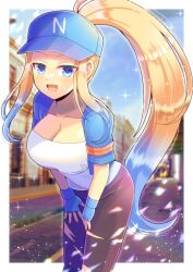 Rule 34 | 1girl, :d, baseball cap, blonde hair, blue eyes, blue gloves, blue hair, blue hat, blue jacket, blue sky, blurry, blurry background, blush, breasts, brown pants, building, cleavage, commentary request, commission, cropped jacket, day, depth of field, fingerless gloves, gloves, gradient hair, hat, high ponytail, jacket, kou hiyoyo, leaning forward, looking at viewer, medium breasts, multicolored hair, open clothes, open jacket, open mouth, original, pants, ponytail, shirt, short sleeves, sidelocks, skeb commission, sky, smile, solo, torn clothes, torn pants, white shirt