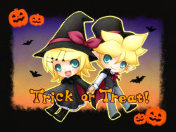 Rule 34 | 1boy, 1girl, :d, bat (animal), blonde hair, blue eyes, bow, cape, chibi, dress, english text, frilled dress, frills, hair ornament, hairclip, halloween, hat, hat bow, hat ribbon, holding hands, jack-o&#039;-lantern, kagamine len, kagamine rin, kayano celica, long sleeves, open mouth, pantyhose, parted bangs, pointy ears, popped collar, ribbon, short hair, smile, top hat, trick or treat, vest, vocaloid, witch hat