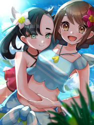 Rule 34 | 2girls, :d, asymmetrical bangs, bare arms, bird, black hair, blue shirt, blurry, blush, breasts, brown eyes, closed mouth, cloud, collarbone, commentary, creatures (company), day, eyelashes, flower, game freak, gloria (pokemon), gloria (summer 2021) (pokemon), green eyes, green ribbon, hair flower, hair ornament, hair ribbon, highres, hug, jewelry, long hair, marnie (pokemon), marnie (summer 2021) (pokemon), medium hair, multiple girls, necklace, nintendo, official alternate costume, open mouth, outdoors, pokemon, pokemon masters ex, ribbon, setta shu, shirt, sky, sleeveless, sleeveless shirt, smile, sparkle, tongue, twintails, yuri