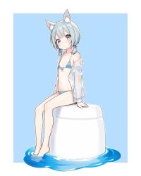 Rule 34 | 1girl, animal ear fluff, animal ears, bikini, bikini under clothes, blue background, blue bikini, blue eyes, blue hair, cat ears, cat girl, expressionless, flat chest, full body, jacket, light blue hair, long sleeves, looking at viewer, low twintails, luckyeldayo, navel, off shoulder, open clothes, original, see-through, see-through jacket, short hair, short twintails, simple background, sitting, soaking feet, stomach, swimsuit, twintails, two-tone background, water, white background