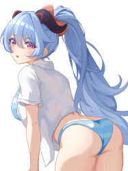 Rule 34 | 1girl, alternate hairstyle, ass, bikini, blue bikini, blue hair, breasts, bu weizhuang, commentary request, cowboy shot, ganyu (genshin impact), genshin impact, highres, horns, large breasts, long hair, looking at viewer, open mouth, ponytail, purple eyes, shirt, simple background, solo, standing, striped bikini, striped clothes, swimsuit, thighs, very long hair, white background, white shirt
