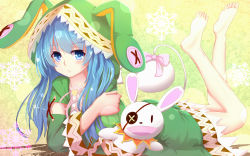 Rule 34 | 10s, 1girl, absurdres, animal ears, bakanoe, barefoot, blue eyes, blue hair, date a live, dress, eyepatch, feet, gradient background, green dress, hand puppet, hat, hat with ears, highres, legs up, long hair, looking at viewer, lying, matching hair/eyes, on stomach, puppet, rabbit ears, soles, solo, the pose, yoshino (date a live), yoshinon