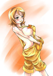 Rule 34 | 10s, 1girl, breasts, brown eyes, brown hair, candy, food, food in mouth, hands in pockets, happinesscharge precure!, kurogane (majesticrune), large breasts, mouth hold, naked overalls, no bra, oomori yuuko, orange background, overalls, precure, short hair, sideboob, solo