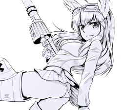 Rule 34 | 1girl, ass, bird tail, breasts, butt crack, closed mouth, greyscale, gun, hanna-justina marseille, liar lawyer, long hair, looking at viewer, medium breasts, military uniform, monochrome, panties, rifle, simple background, smile, solo, strike witches, striker unit, tail, underwear, uniform, weapon, wing ears, world witches series