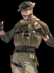 Rule 34 | 1boy, absurdres, beard, belt, black background, black belt, black gloves, black shirt, blue eyes, brown hair, brown pants, bulletproof vest, call of duty, call of duty: modern warfare 2, captain price, closed mouth, coni0771, facial hair, fingerless gloves, gloves, hat, highres, male focus, mature male, pants, shirt, short hair, simple background, solo