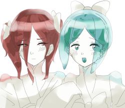 Rule 34 | 2others, alternate costume, alternate hairstyle, androgynous, aqua eyes, aqua hair, bad id, bad twitter id, blush, cinnabar (houseki no kuni), colored skin, embarrassed, green eyes, green hair, gyu nba32, hair over one eye, hair ribbon, highres, houseki no kuni, japanese clothes, kimono, long bangs, long hair, looking at viewer, multiple others, open mouth, phosphophyllite, red eyes, red hair, ribbon, short hair, smile, twintails, upper body, white background, white kimono, white skin