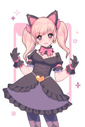 Rule 34 | 1girl, alternate hairstyle, animal ears, argyle, argyle clothes, argyle legwear, bad id, bad pixiv id, black cat d.va, black dress, black gloves, blonde hair, bodice, bow, bowtie, breasts, cat ears, cleavage, contrapposto, cowboy shot, d.va (overwatch), dress, earrings, ennn, eyelashes, frilled dress, frills, gloves, gothic lolita, hair bow, hands up, hat, heart, heart earrings, highres, jewelry, lolita fashion, looking at viewer, medium breasts, medium hair, official alternate costume, open mouth, overwatch, overwatch 1, pantyhose, pink bow, pink eyes, puffy short sleeves, puffy sleeves, short sleeves, small hands, smile, solo, sparkle, twintails, white background, wrist bow
