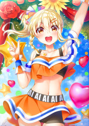 Rule 34 | 1girl, artist name, artist request, back bow, balloon, bare shoulders, belt, black belt, black shorts, blonde hair, blue sky, blue stripes, blue wristband, blush, bow, braid, breasts, brown eyes, cheerleader, cloud, collarbone, crop top, day, female focus, flower, french braid, hair between eyes, hair ornament, hair ribbon, hair tie, hairclip, heart, heart balloon, heart necklace, high ponytail, highres, jewelry, long hair, looking at viewer, love live!, love live! nijigasaki high school idol club, love live! school idol festival, medium breasts, miniskirt, miyashita ai, nail, nail polish, necklace, off shoulder, orange eyes, orange nails, orange shirt, orange skirt, outdoors, parted lips, plaid, plaid skirt, pleated, pleated skirt, pom pom (cheerleading), ponytail, red flower, ribbon, saiko heart (love live!), scrunchie, shirt, short ponytail, short shorts, shorts, shorts under skirt, side ponytail, single braid, single stripe, skirt, sky, smile, solo, sparkle, star balloon, tank top, text focus, wrist cuffs, wrist scrunchie, wristband, yellow eyes