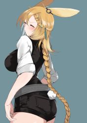 Rule 34 | 1girl, animal ears, arknights, belt, black shorts, black vest, blonde hair, blush, braid, braided ponytail, breasts, closed eyes, clothing cutout, cowboy shot, doctor (arknights), from side, gohan (gohanchang), green background, highres, kroos (arknights), kroos the keen glint (arknights), large breasts, long hair, low ponytail, pov, puckered lips, rabbit ears, rabbit girl, rabbit tail, shirt, short shorts, shorts, simple background, sleeves rolled up, solo, tail, tail through clothes, v-shaped eyebrows, very long hair, vest, white shirt