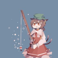 Rule 34 | 1girl, air bubble, animal ear piercing, animal ears, blue background, bow, bowtie, brown eyes, brown hair, bubble, cat ears, cat tail, chen, cowboy shot, dress, earrings, fishing, fishing rod, frills, gold trim, green hat, hat, highres, holding, holding fishing rod, jewelry, llamas yes, long sleeves, mob cap, multiple tails, nekomata, petticoat, puffy long sleeves, puffy sleeves, red dress, short hair, simple background, single earring, solo, tail, touhou, two tails, underwater, white bow, white bowtie