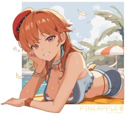 Rule 34 | 1girl, absurdres, bare shoulders, beret, bikini, border, earrings, feather earrings, feathers, gum shrew, hat, highleg, highres, hololive, hololive english, hololive summer 2023 swimsuit, jewelry, looking at viewer, lying, official alternate costume, on stomach, orange hair, outside border, pool, purple eyes, shorts, smile, solo, striped bikini, striped clothes, swimsuit, takanashi kiara, thigh strap, two-tone bikini, virtual youtuber, white border