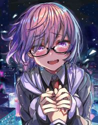 Rule 34 | 1girl, 1other, black-framed eyewear, black shirt, blush, breast press, breasts, building, city, city lights, collared shirt, command spell, commentary request, crying, crying with eyes open, fate/grand order, fate (series), fingernails, glasses, grey jacket, hair between eyes, holding hands, hood, hood down, hooded jacket, jacket, light purple hair, lips, long sleeves, looking at viewer, mash kyrielight, moze, multicolored clothes, multicolored jacket, necktie, night, night sky, open clothes, open jacket, open mouth, outdoors, pink lips, pov, purple eyes, red neckwear, shirt, short hair, sky, sleeves past wrists, smile, tearing up, tears, teeth, two-tone jacket, upper body, upper teeth only, white jacket