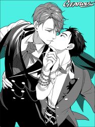 Rule 34 | 2boys, artist name, blue background, bow, bowtie, formal, gearous, greyscale, greyscale with colored background, hand on another&#039;s chin, hand on another&#039;s hip, katsuki yuuri, kiss, male focus, monochrome, multiple boys, smile, suit, viktor nikiforov, yaoi, yuri!!! on ice
