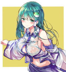 Rule 34 | 1girl, aqua eyes, aqua hair, bare shoulders, blue skirt, blush, breasts, closed mouth, collared vest, cowboy shot, detached sleeves, frog hair ornament, hair ornament, hair tubes, kochiya sanae, large breasts, long hair, long sleeves, looking at viewer, navel, open clothes, open vest, outside border, saya hi10 (saya), see-through, simple background, single sidelock, skirt, smile, snake hair ornament, solo, standing, touhou, v-shaped eyebrows, vest, wet vest, white vest, wide sleeves, yellow background