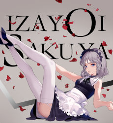 Rule 34 | 1girl, apron, black dress, black footwear, blue eyes, braid, character name, dress, frilled apron, frills, garter straps, grey background, grey hair, high heels, highres, izayoi sakuya, legs, legs up, looking at viewer, maid, maid headdress, outstretched arm, petals, reeh (yukuri130), revision, rose petals, shoes, short hair, side braid, simple background, sleeveless, solo, thighhighs, touhou, twin braids, waist apron, white thighhighs