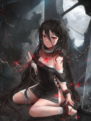 Rule 34 | 1girl, absurdres, bandaged arm, bandaged leg, bandages, bare legs, bare shoulders, barefoot, black hair, breasts, broken glass, chain, commentary, crack, cracked wall, cross-laced clothes, crystalherb, cuffs, day, dress, gem, glass, hair between eyes, highres, long hair, looking at viewer, no panties, off-shoulder dress, off shoulder, original, parted lips, pointy ears, red eyes, ruins, sarashi, shackles, sitting, small breasts, solo, sunlight, wariza
