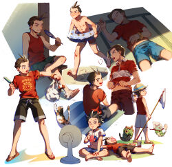 Rule 34 | 2boys, :d, ace attorney, aged down, animal, antenna hair, apollo justice, arm up, bag, bandaid, bandaid on face, bandaid on nose, barefoot, black hair, black shorts, blue innertube, blue shorts, blush, bracelet, brown eyes, brown hair, brown shorts, butterfly net, calico, cat, caterpie, clay terran, clenched teeth, closed eyes, closed mouth, clothes lift, collared shirt, creatures (company), crossover, cup, drinking, drinking glass, drinking straw, drooling, electric fan, fanning self, fingernails, flip-flops, food, from behind, front-tie shorts, game freak, gen 1 pokemon, green shorts, hand fan, hand net, hat, headwear request, hi-fi (fijazzy), highres, holding, holding bag, holding food, holding popsicle, hot, indian style, jewelry, lying, male focus, midriff peek, mouth hold, multiple boys, multiple views, navel, nintendo, nipples, nose blush, on back, open mouth, outstretched arms, paper fan, parted lips, pokemon, polo shirt, popsicle, print shirt, red shirt, red tank top, sandals, shirt, shirt lift, short hair, short sleeves, shorts, sitting, sleeping, sleeveless, sleeveless shirt, smile, spiked hair, standing, sweat, t-shirt, tank top, tatami, teeth, teeth hold, topless male, uchiwa, veranda, white shirt, white shorts
