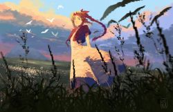 Rule 34 | 1girl, aerith gainsborough, bird, braid, brown hair, cloud, dress, final fantasy, final fantasy vii, final fantasy vii remake, grass, green eyes, jena (mintycolors), landscape, long hair, looking at viewer, mountain, outdoors, pink dress, res jacket, sky, solo, square enix