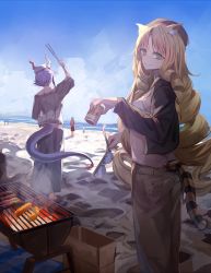 Rule 34 | 3girls, alcohol, animal ears, arknights, beer, beer can, blonde hair, blue hair, can, ch&#039;en (arknights), cooking, dragon tail, drill hair, drink can, food, green eyes, grill, grilling, highres, holding, holding can, horns, hoshiguma (arknights), looking at viewer, miyabino (miyabi1616), multiple girls, outdoors, smile, sunglasses, sunglasses removed, swire (arknights), tail, tiger ears, tiger tail, tongs, twin drills, unworn eyewear