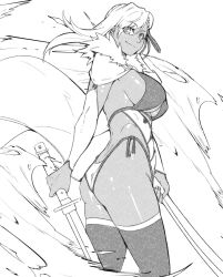 Rule 34 | 1girl, alternate costume, fate/grand order, fate (series), minew, miyamoto musashi (fate), miyamoto musashi (fate/grand order), miyamoto musashi (swimsuit berserker) (fate), miyamoto musashi (swimsuit berserker) (third ascension) (fate), monochrome, official alternate costume, sketch, white hair