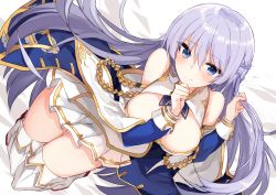 Rule 34 | 1girl, aiguillette, azur lane, bare shoulders, blue eyes, blush, boots, braid, breasts, cleavage, collarbone, detached sleeves, floating hair, french braid, hand on own chin, hands up, highres, holding, holding hair, kinona, large breasts, light purple hair, long hair, long sleeves, looking at viewer, navel, open mouth, ribbon, rodney (azur lane), sidelocks, silver hair, smile, solo, thigh boots, thighhighs, thighs, uniform, very long hair